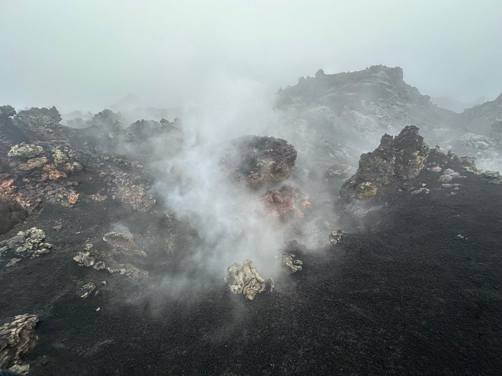 Fumarole che escono tra le rocce colorate di zolfo vicino ai crateri sommitali dell'Etna